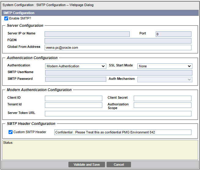 SMTP Configuration window