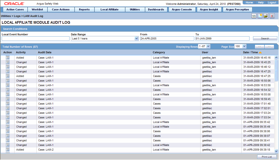 Local Affiliate Module Audit Log screen