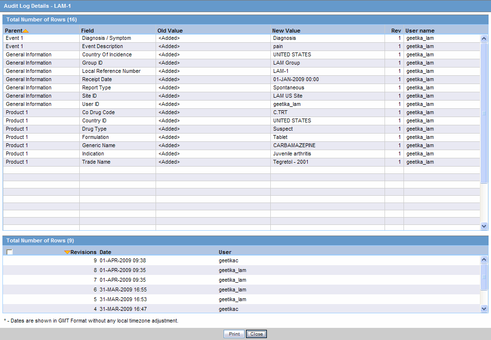 Audit Log details screen
