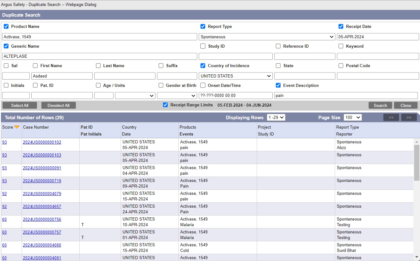 Duplicate Search screen