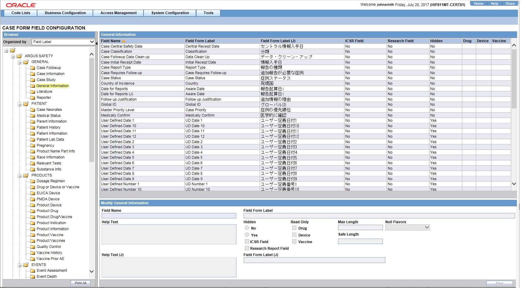 Case Form Field Configuration screen Case Form Field Configuration screen