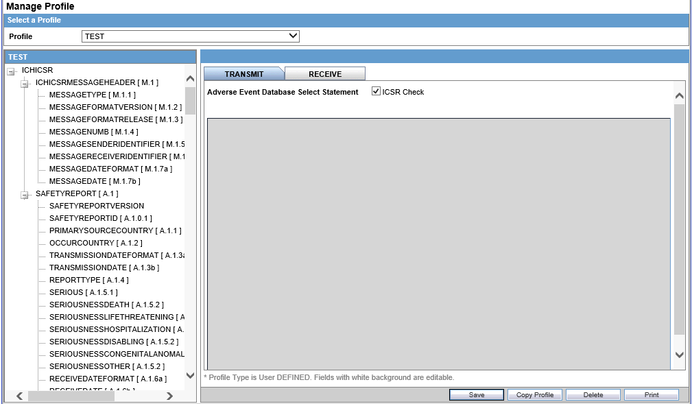 Manage Profile Transmit screen