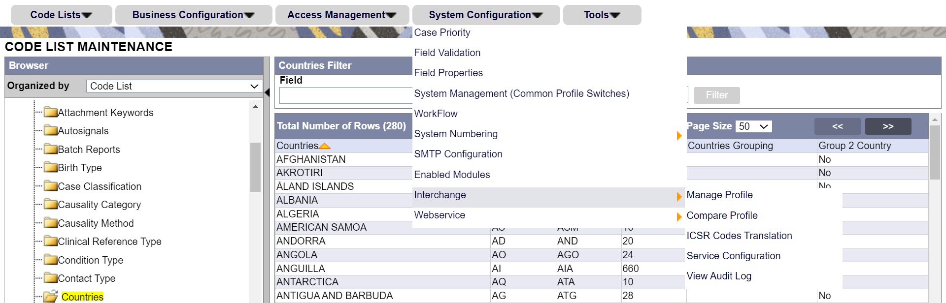 Navigation to Interchange drop-down menu