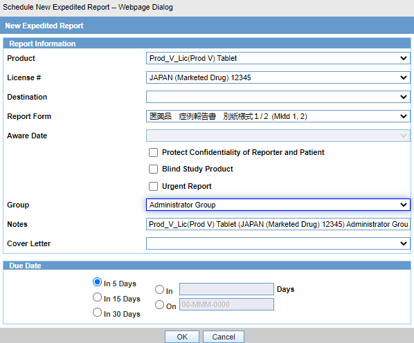 Schedule New Expedited Report screen