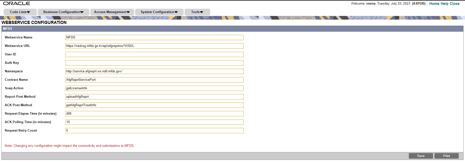 Configure MFDS Web Service screen