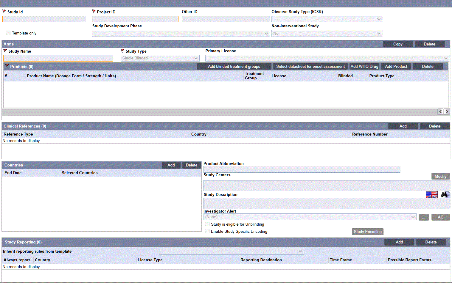 Configure Clinical Studies screen Configure Clinical Studies screen