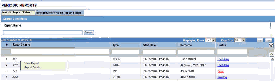 Periodic Report Status screen Periodic Report Status screen