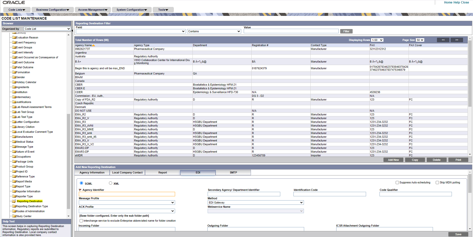 Modify Reporting Destination EDI tab