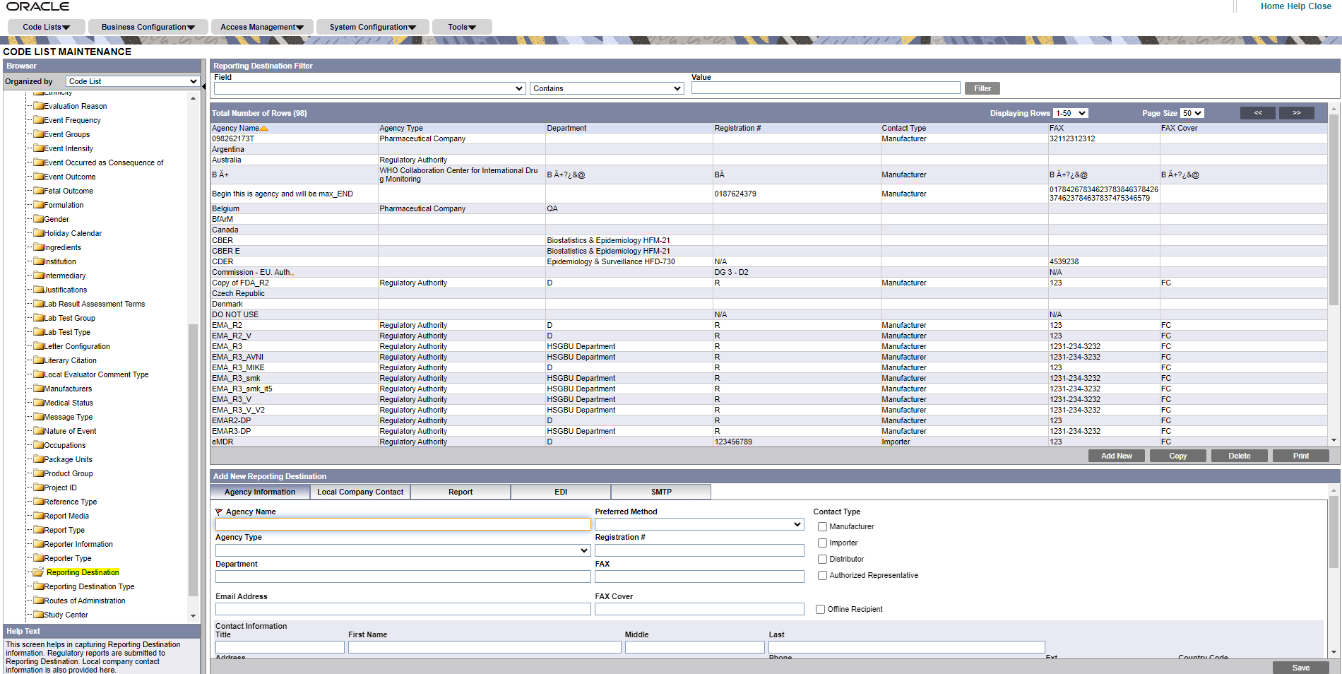 Code List Maintenance Reporting Destination screen