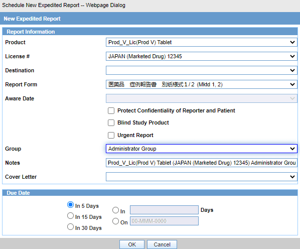 Schedule New Expedited Report screen