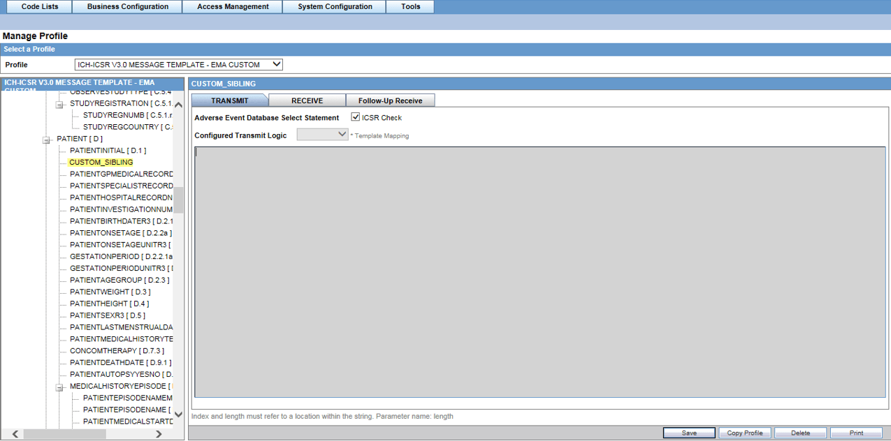 Manage profile screen