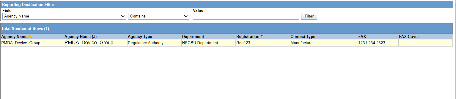 Reporting destination filter window screenshot