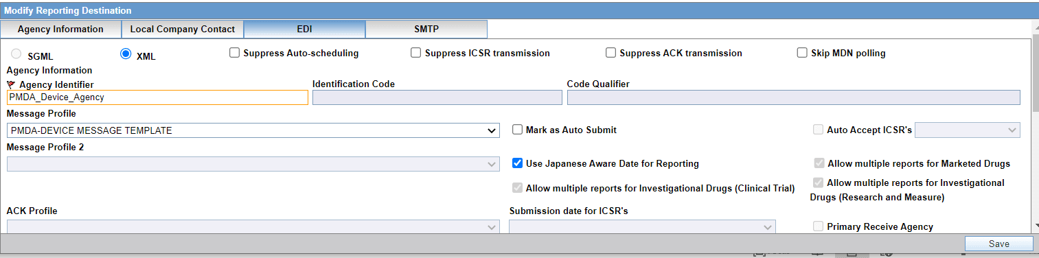 Modify reporting destination window screenshot