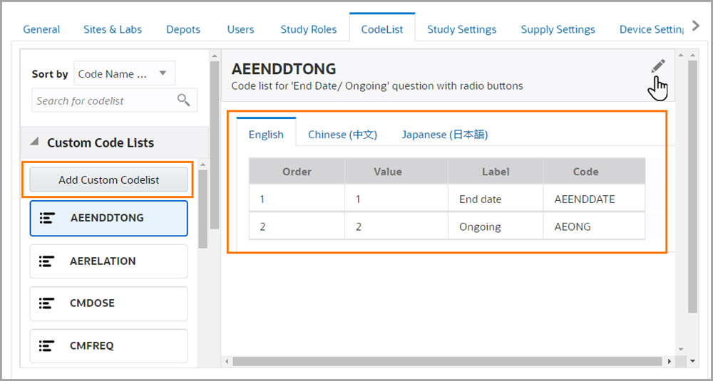 A custom study code list is a code list only available within a single study. A custom study code list is a code list only available within a single study.