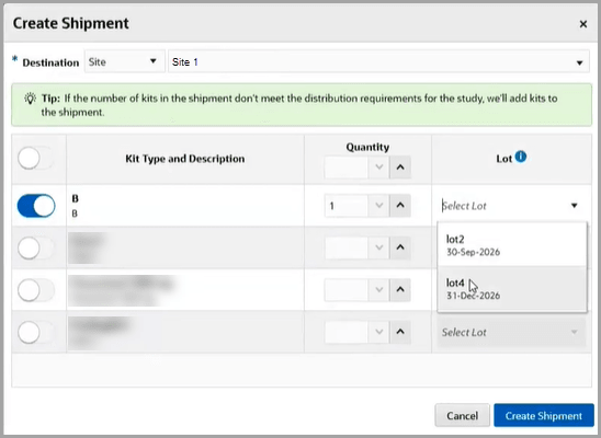 Screen shot of the new lot details on the Create Shipment dialog