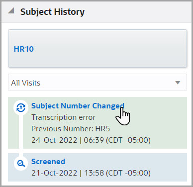 A changed subject number is displayed in a green-colored box on the Subject History side panel, located to the right of the computer screen. A changed subject number is displayed in a green-colored box on the Subject History side panel, located to the right of the computer screen.