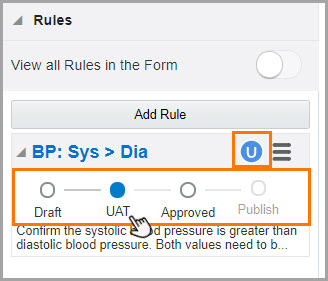The rule status slider when the rule is in UAT