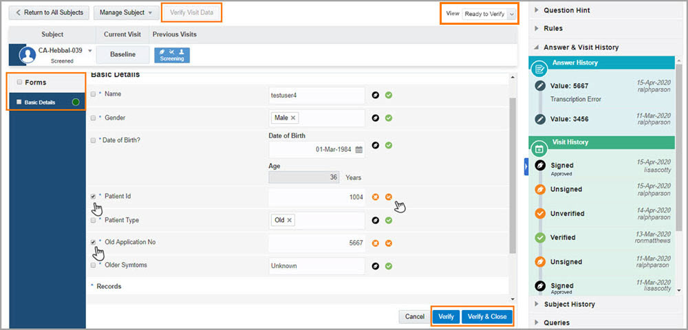 Screen shot of a visit with fields that require verification by a Clinical Research Associate