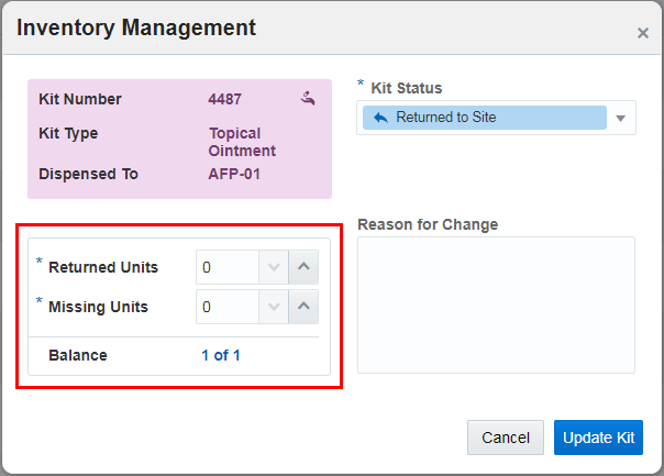 Inventory Management pop-up with fields for kit reconciliation