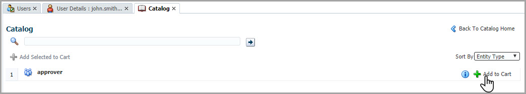 On the Catalog page, the Add to cart button appears to the right of the approver role