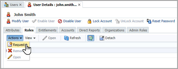 On the User Details page, the Actions drop-down appears in the toolbar on the Roles tab