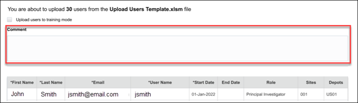 Comment field on the upload screen