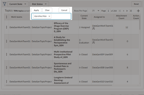 Topics tab table with enabled filter for Risk Status and Identified Risk.