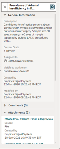 Topics Management Detail panel showing expanded information of the General Information row (Description, Current State, Assigned to, Visible to work team, Created by, Modified by) and Attachments (Source and EST time and date when it was created).