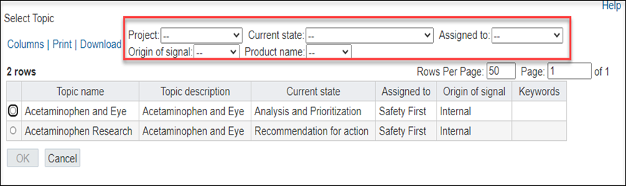 Select Topic dialog box in Oracle Empirica Signal