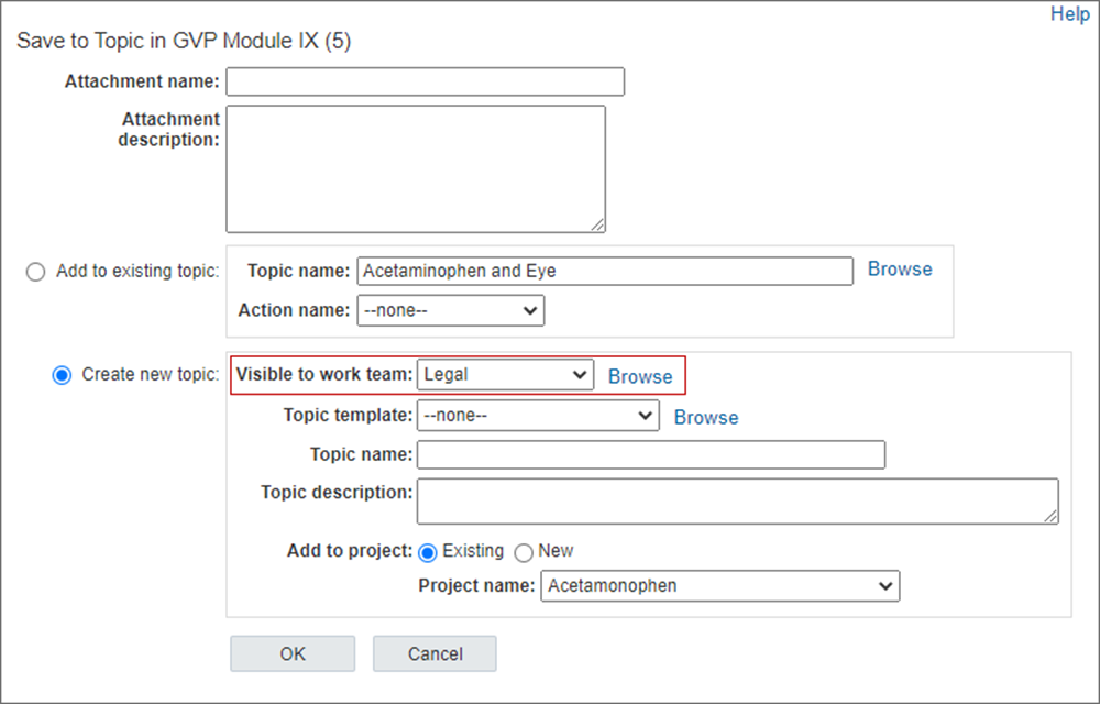 Save to Topic dialog box in Oracle Empirica Signal configured for one and only one work team