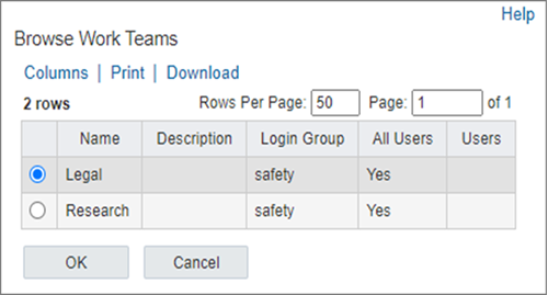 Browse Work Teams dialog box