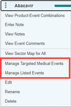 Manage listed or targeted events from the Row Action menu