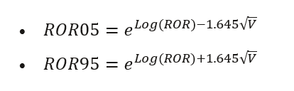 ROR05=e^(Log(ROR)-1.645√V), ROR95=e^(Log(ROR)+1.645√V). ROR05=e^(Log(ROR)-1.645√V), ROR95=e^(Log(ROR)+1.645√V).