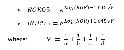 ROR05=e^(Log(ROR)-1.645√V), ROR95=e^(Log(ROR)+1.645√V), where: V = 1/a+1/b+1/c+1/d ROR05=e^(Log(ROR)-1.645√V), ROR95=e^(Log(ROR)+1.645√V), where: V = 1/a+1/b+1/c+1/d