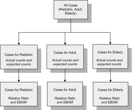 Graphic representation for the list above. The application computes expected counts, Relative Ratio, and EBGM for each subset separately. Graphic representation for the list above. The application computes expected counts, Relative Ratio, and EBGM for each subset separately.