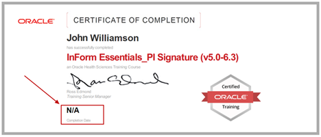 HS Learn certificate example with a completion date of "N/A".