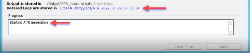 Bottom of the ATR utility user interface showing the location of the logs folder.