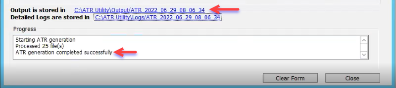 Bottom of the ATR utility user interface showing the successful generation of the log.
