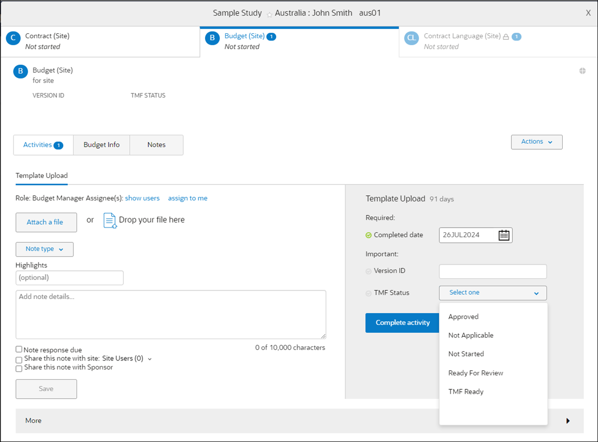 Document modal showing enabled TMF Status drop-down list Document modal showing enabled TMF Status drop-down list