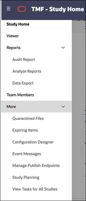 Oracle eTMF vertical navigation menu with all permissioned areas displayed Oracle eTMF vertical navigation menu with all permissioned areas displayed