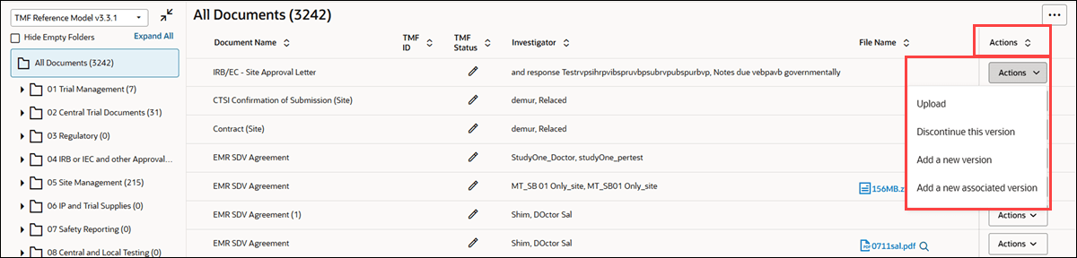 TMF Viewer showing example of options available after clicking the Actions button TMF Viewer showing example of options available after clicking the Actions button