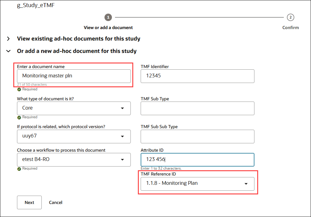 Adding an ad-hoc document with a TMF Reference ID