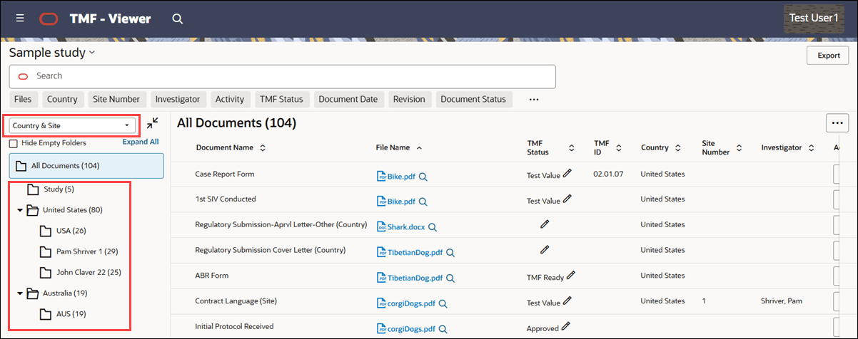 TMF Viewer showing the Country and Site folder structure TMF Viewer showing the Country and Site folder structure