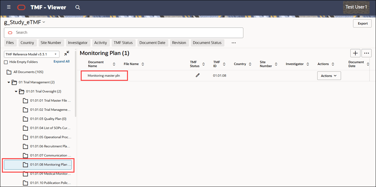 TMF Viewer folder structure showing an ad-hoc document created with a TMF Reference ID exists in the appropriate folder