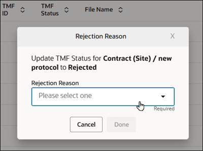Rejection reason modal showing reason selection field