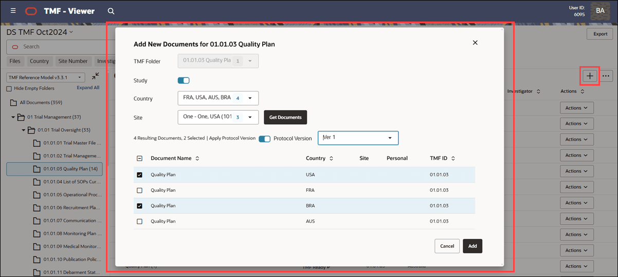 Add New Documents modal showing two selected documents and enabled Add button