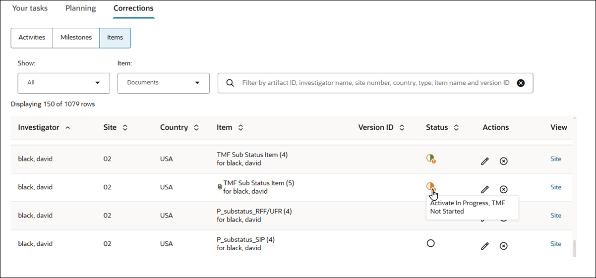 Example view of sub-status icons in Activate Corrections Items list filtered to show all Documents