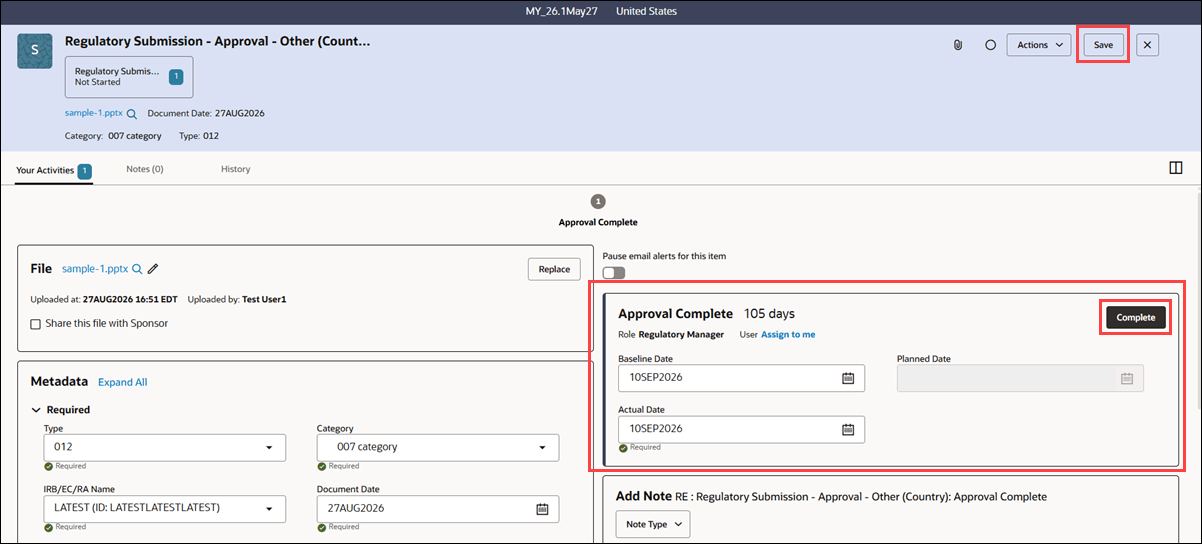 Activity drawer showing tooltip text with selected decision option and activity panel with bold left border and enabled Complete button