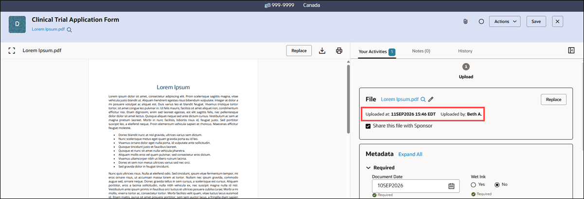 Document artifact drawer in split view showing Uploaded at and Uploaded by information in the files panel