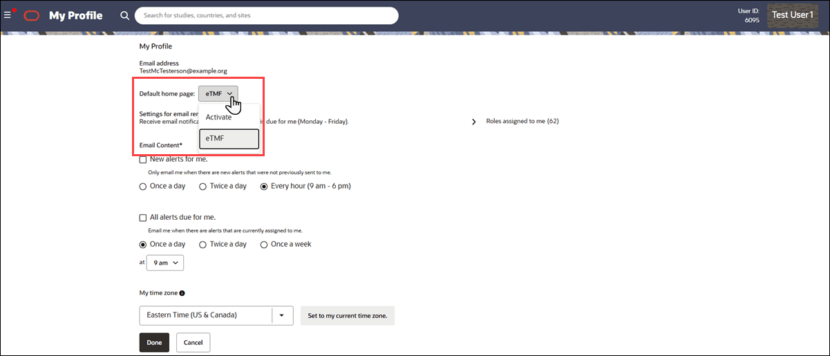 Example user profile page showing the new Default home page drop-down
